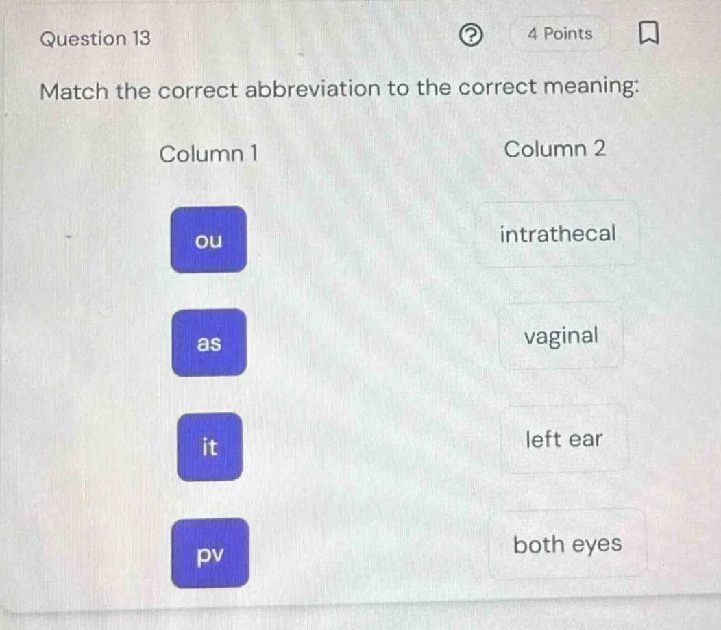 question 13 match the correct abbreviation to the correct meaning: colu…