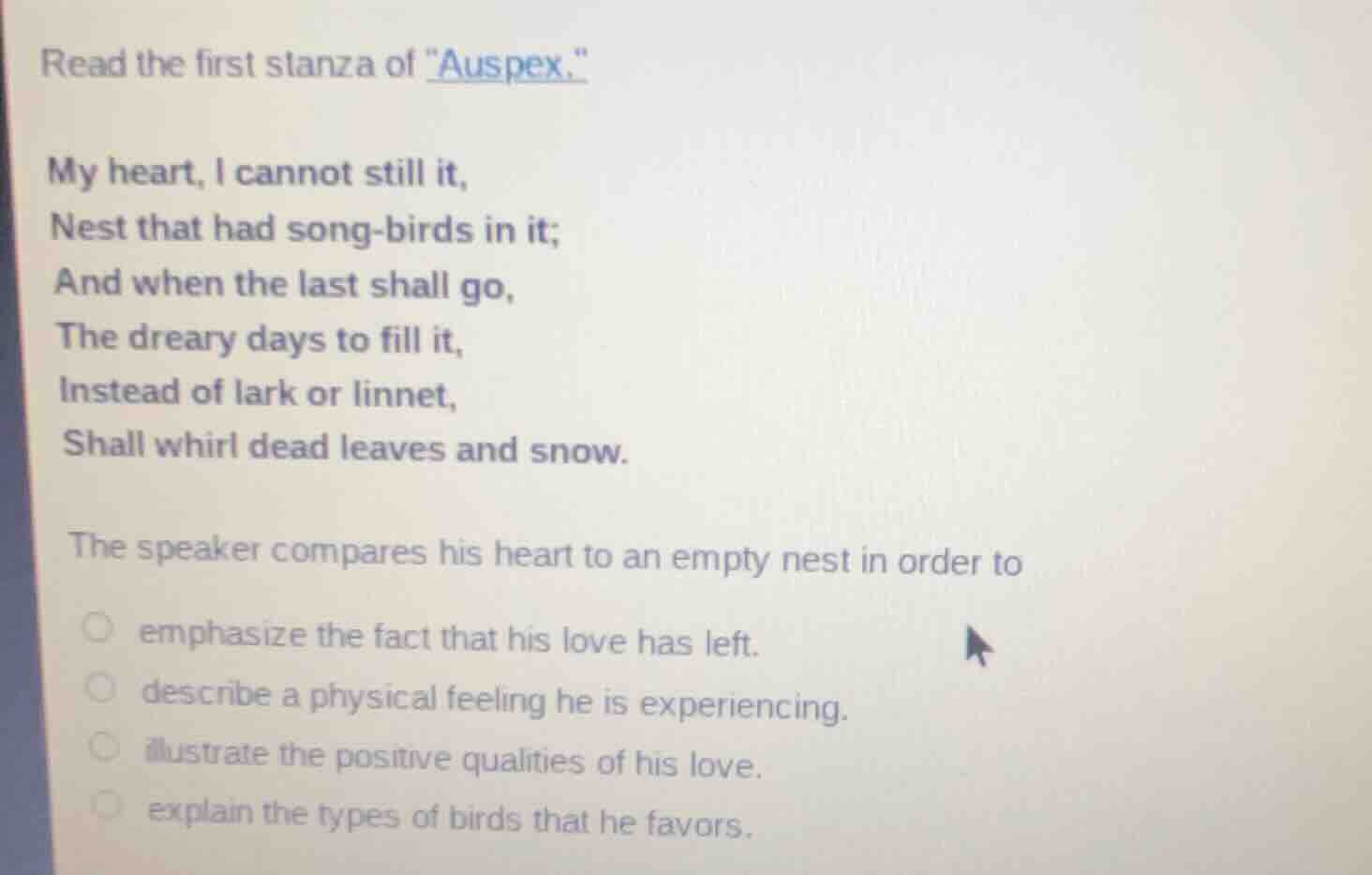 read the first stanza of \auspex.\ my heart, i cannot still it, nest th…