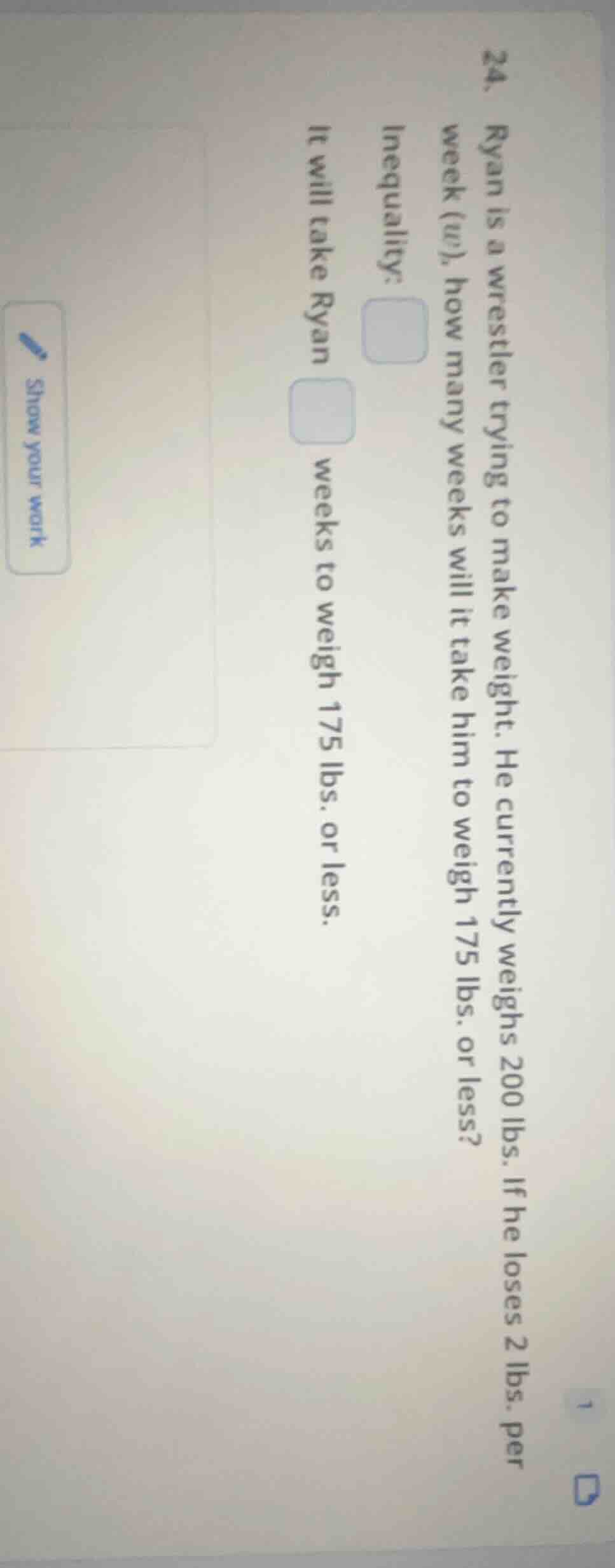 24. ryan is a wrestler trying to make weight. he currently weighs 200 l…