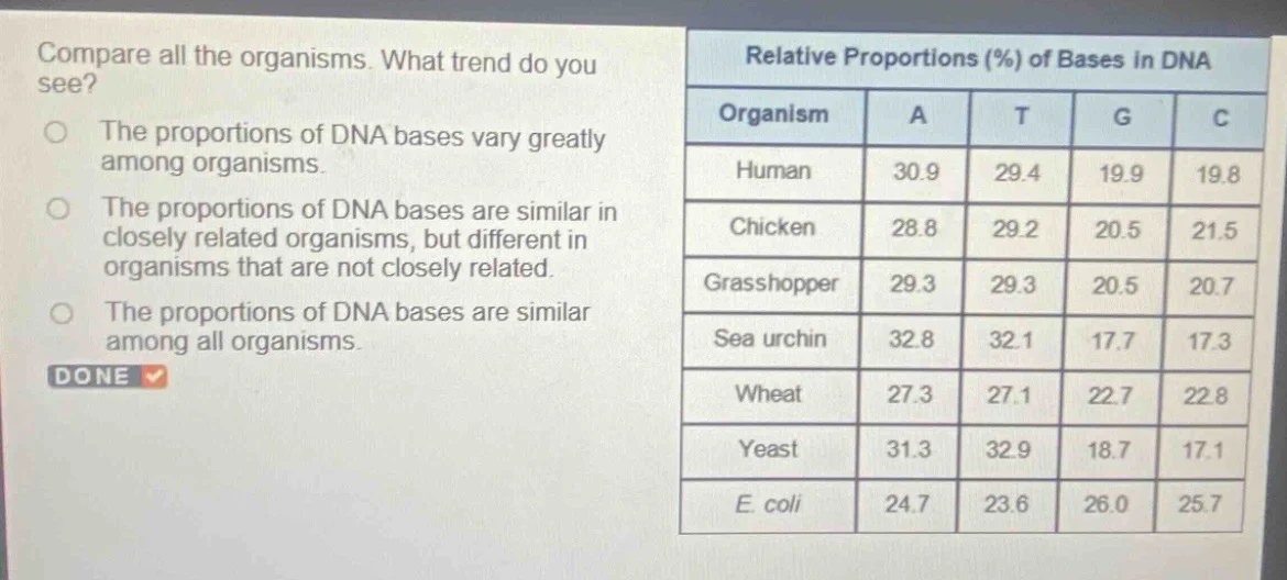 compare all the organisms. what trend do you see? the proportions of dn…