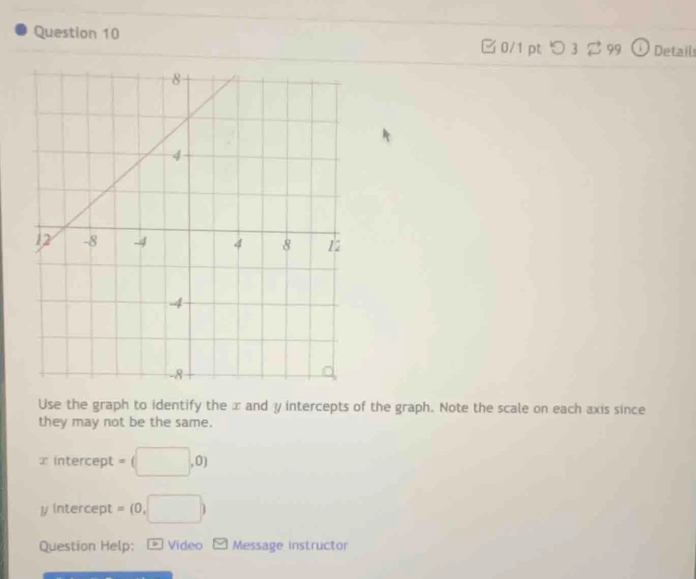 question 10 use the graph to identify the ( x ) and ( y ) intercepts of…