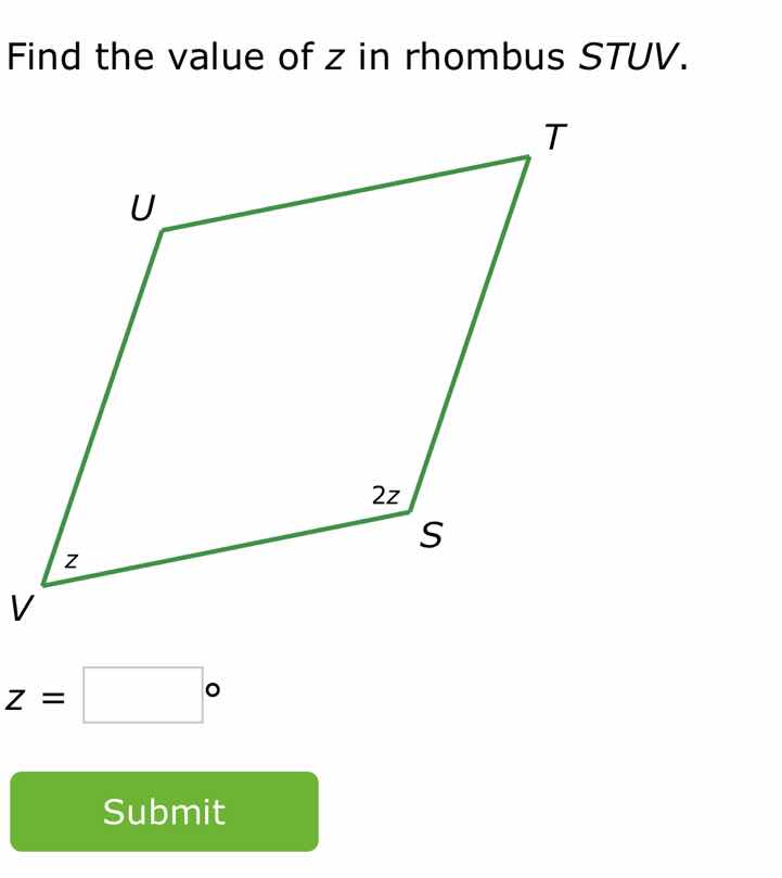 find the value of z in rhombus stuv. z = \\boxed{\\space}^\\circ submit