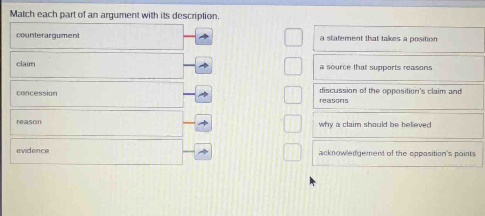 match each part of an argument with its description. counterargument cl…