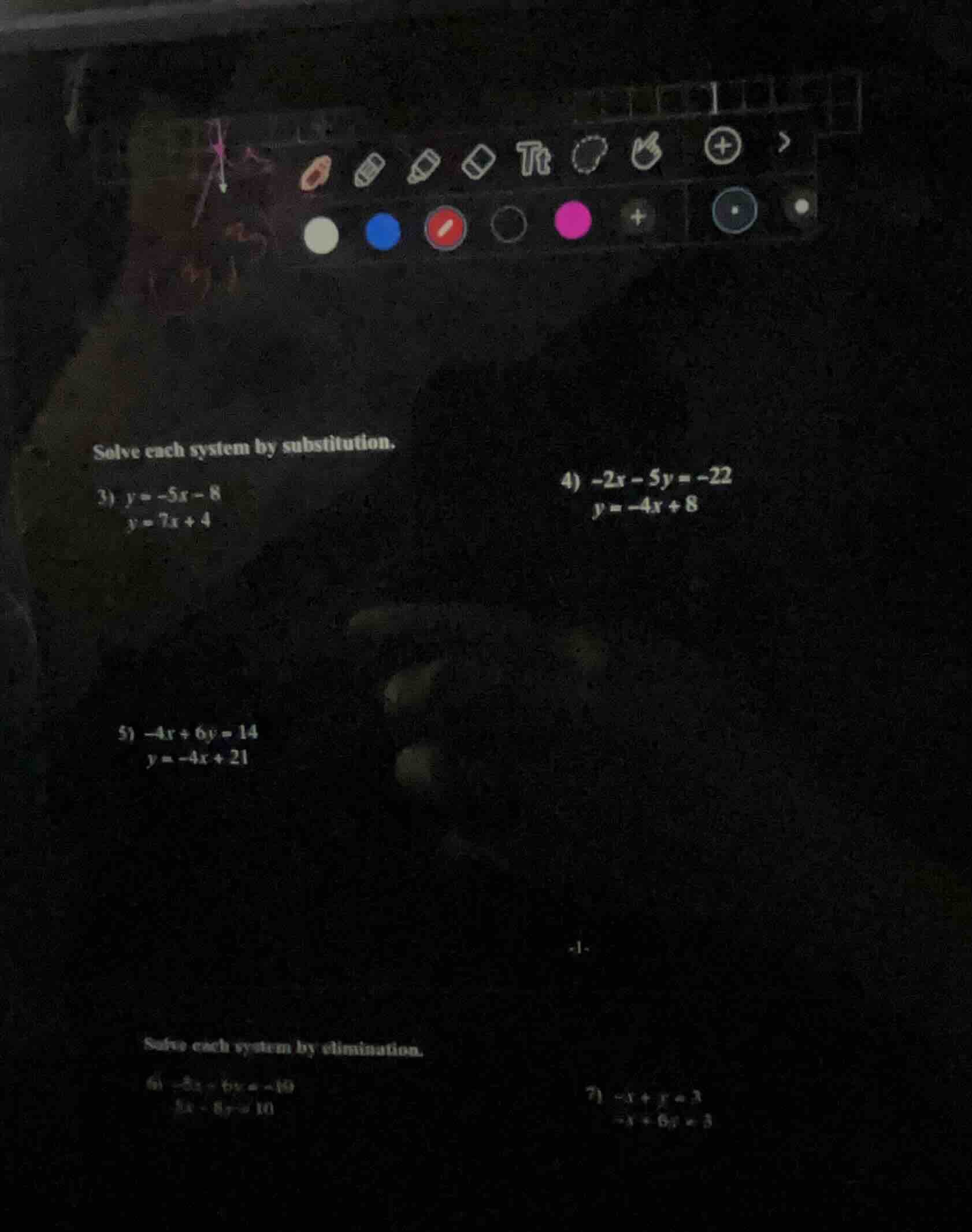 solve each system by substitution. 3) $y = -5x - 8$ $y = 7x + 4$ 4) $-2…