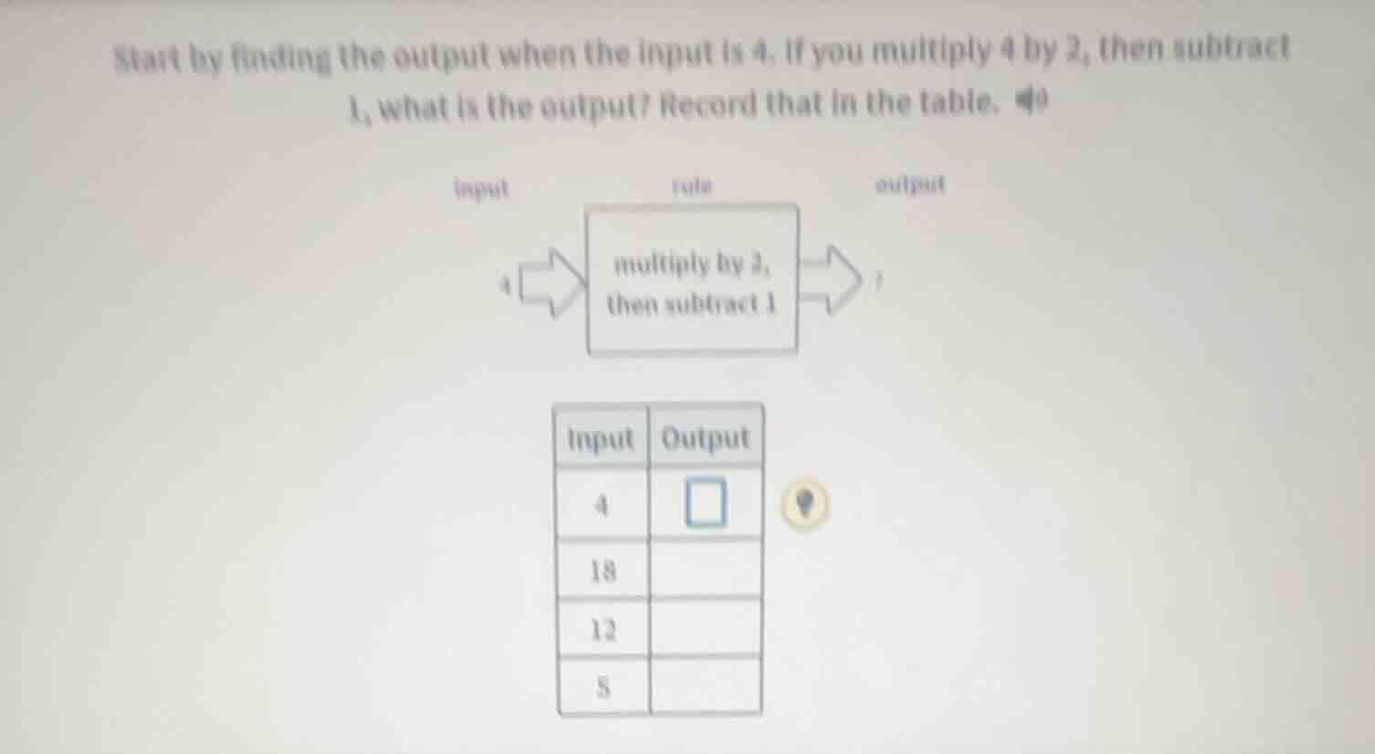 start by finding the output when the input is 4. if you multiply 4 by 2…