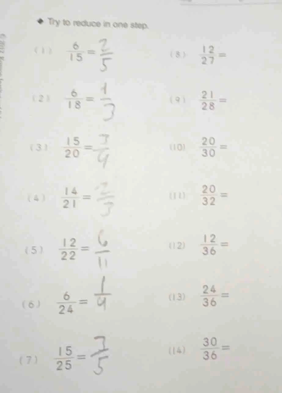 try to reduce in one step. (1) \\(\\frac{6}{15}=\\) \\(\\frac{2}{5}\\) …