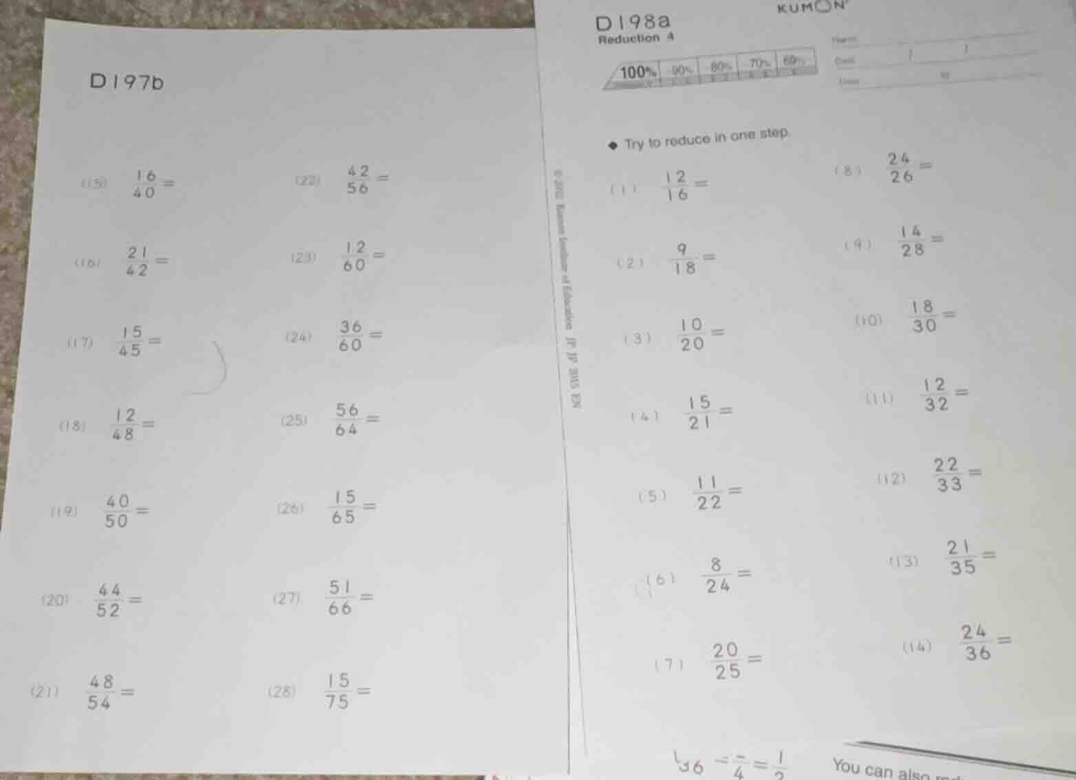 d197b (15) \\(\\frac{16}{40}=\\) (22) \\(\\frac{42}{56}=\\) (16) \\(\\f…