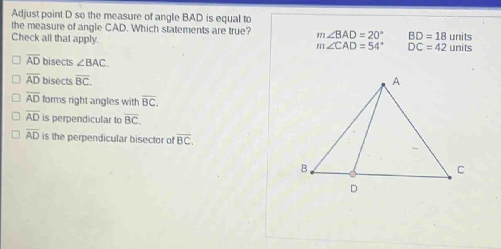 adjust point d so the measure of angle bad is equal to the measure of a…