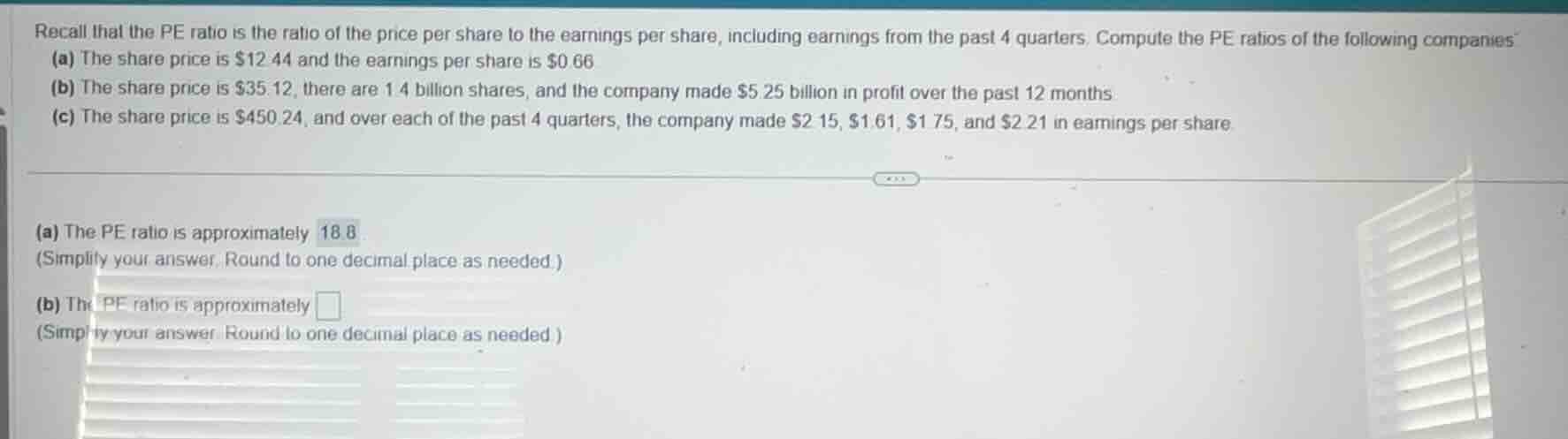 recall that the pe ratio is the ratio of the price per share to the ear…