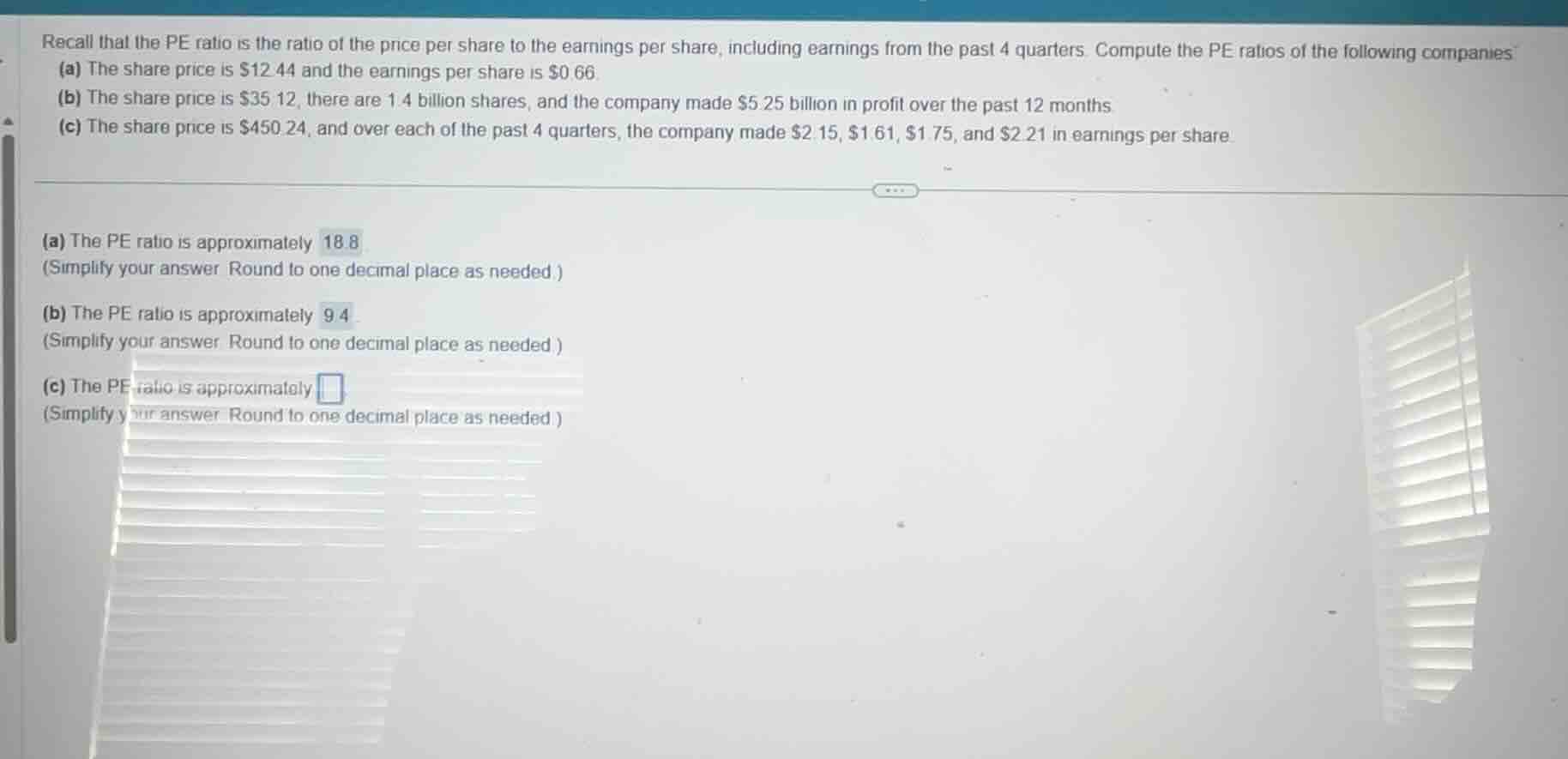 recall that the pe ratio is the ratio of the price per share to the ear…