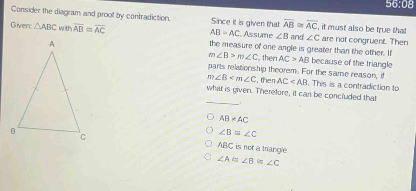 consider the diagram and proof by contradiction. given: △abc with \\(\\…