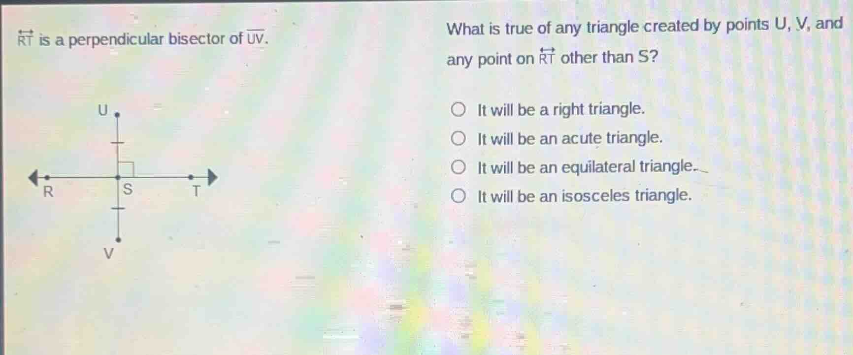 $\\overleftrightarrow{rt}$ is a perpendicular bisector of $\\overline{u…