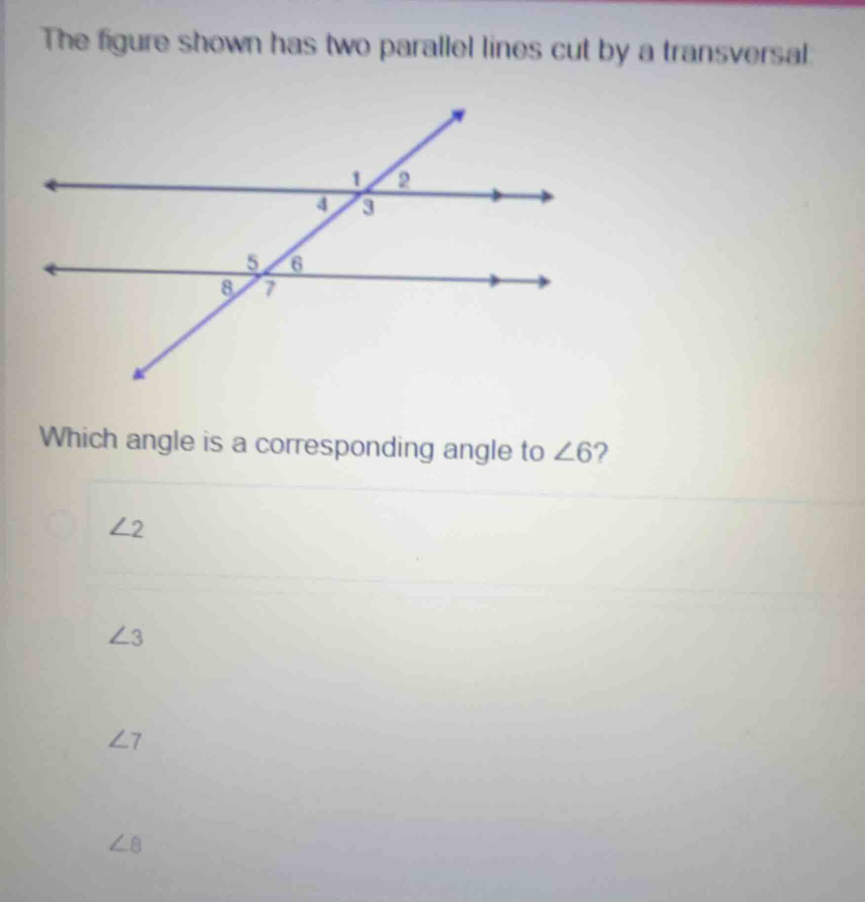 the figure shown has two parallel lines cut by a transversal. which ang…