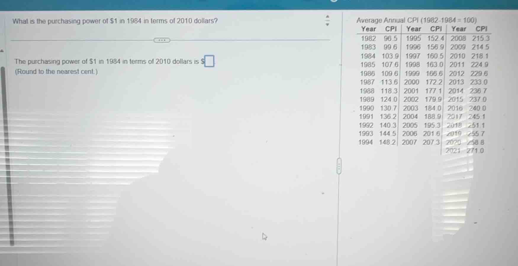 what is the purchasing power of $1 in 1984 in terms of 2010 dollars? th…