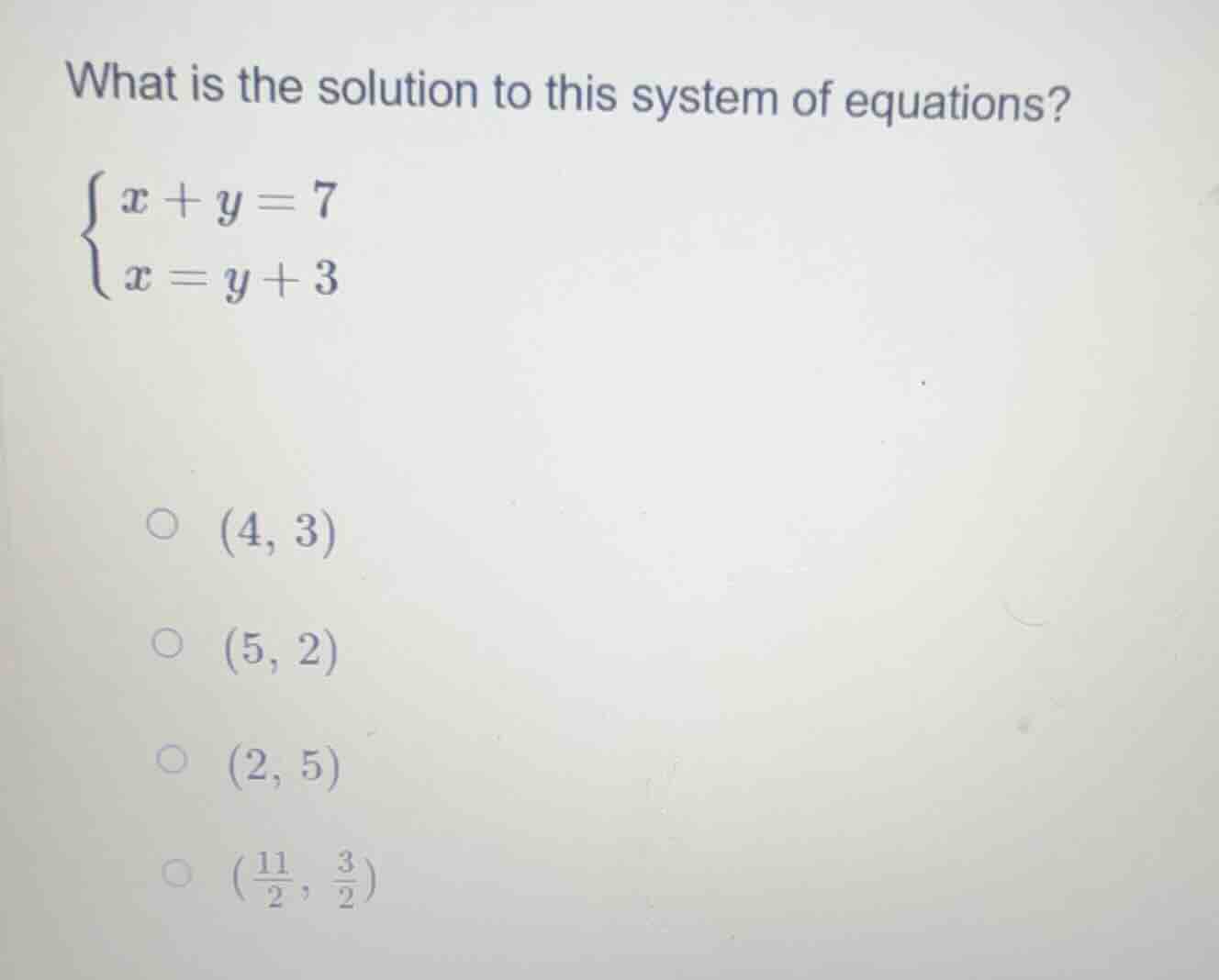 what is the solution to this system of equations?\\begin{cases}x + y = …