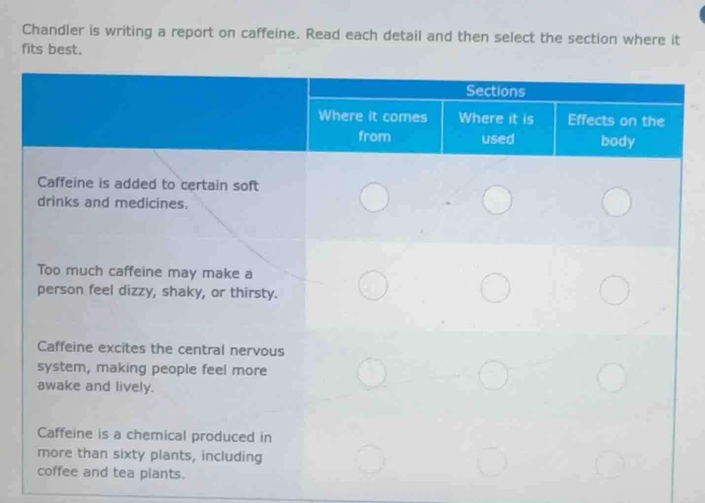 chandler is writing a report on caffeine. read each detail and then sel…