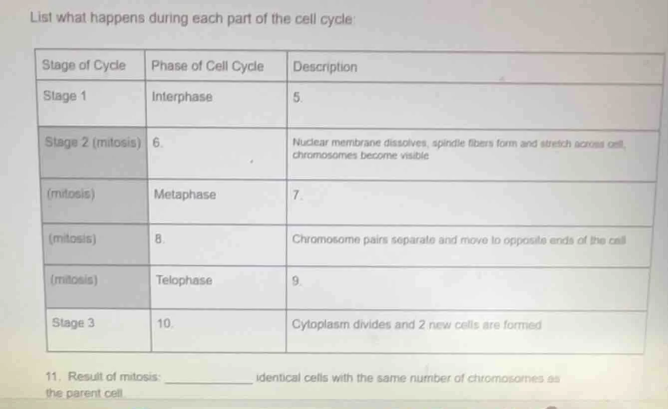 list what happens during each part of the cell cycle: stage of cycle | …