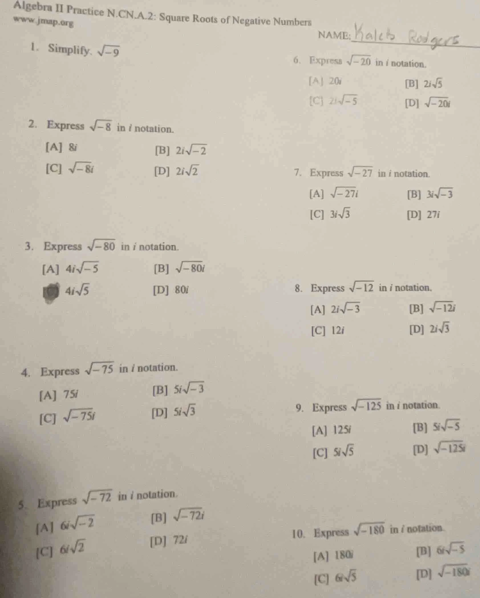 algebra ii practice n.cn.a.2: square roots of negative numbers www.jmap…