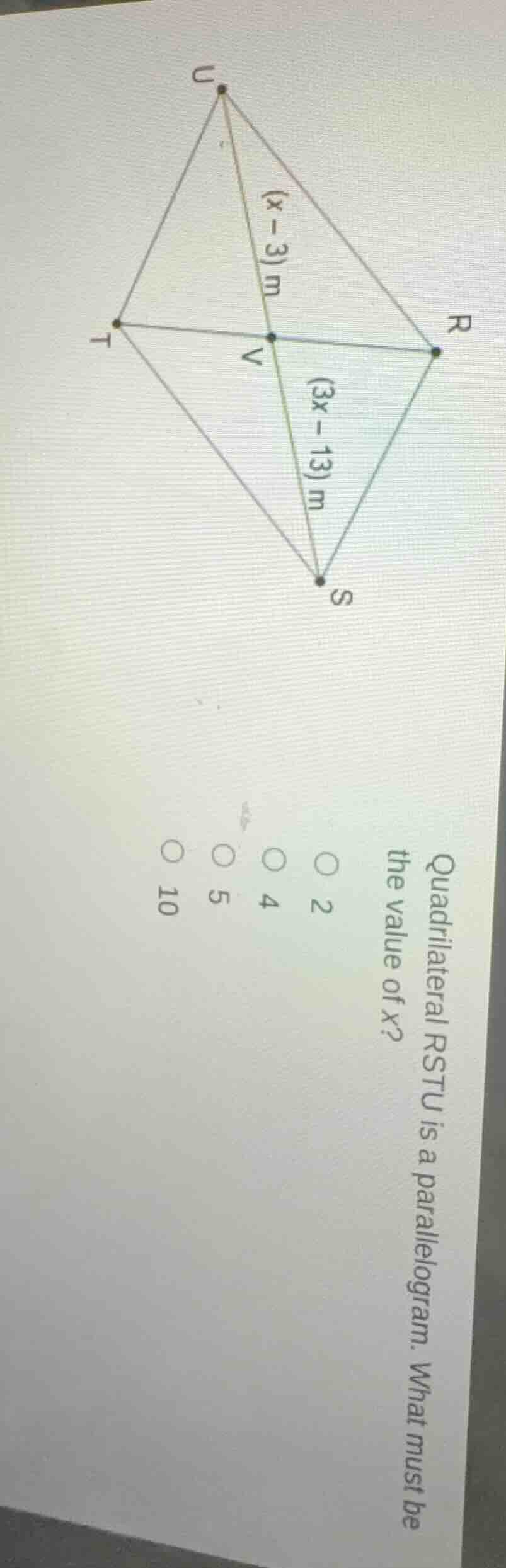 quadrilateral rstu is a parallelogram. what must be the value of x? opt…