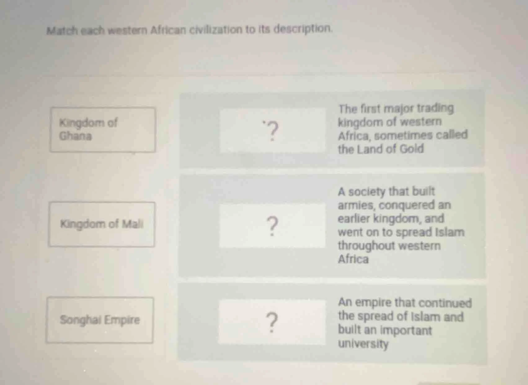 match each western african civilization to its description. kingdom of …