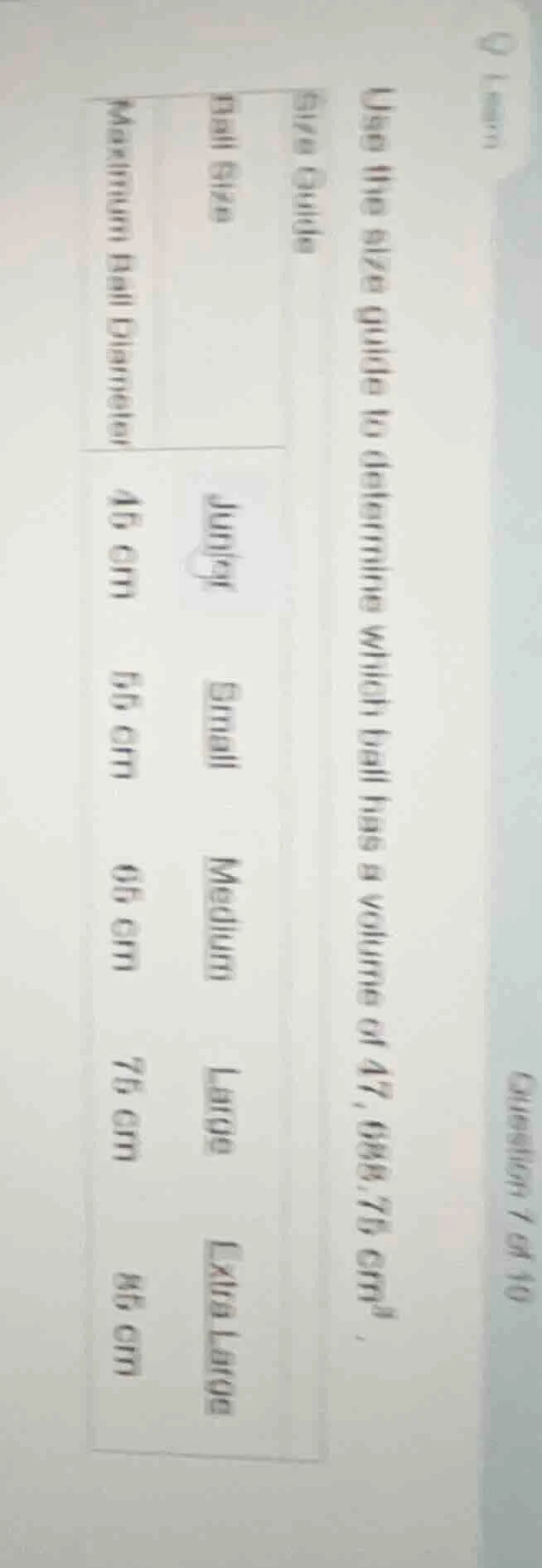 use the size guide to determine which ball has a volume of 47,688.75\\,…