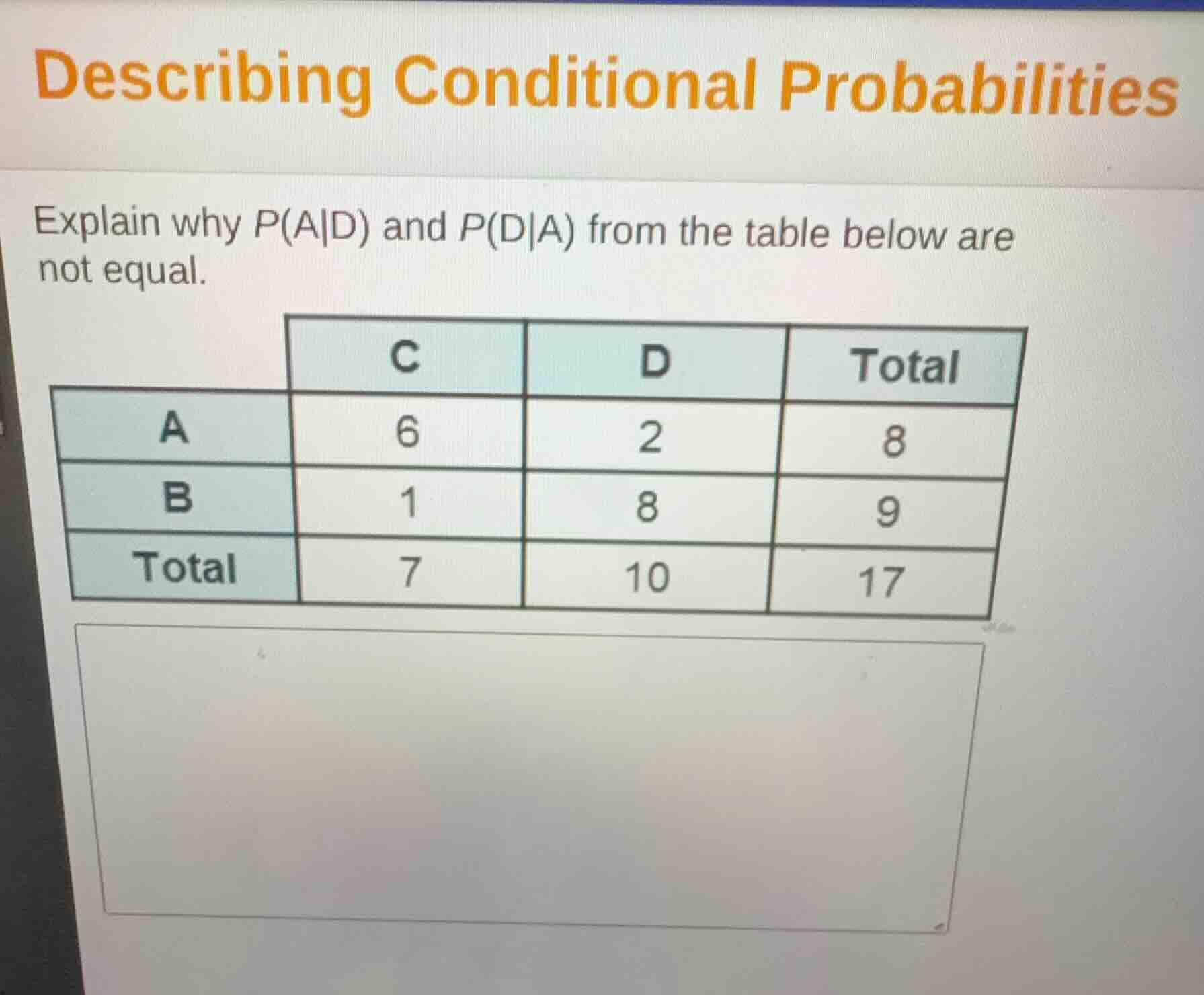 describing conditional probabilities explain why p(a|d) and p(d|a) from…