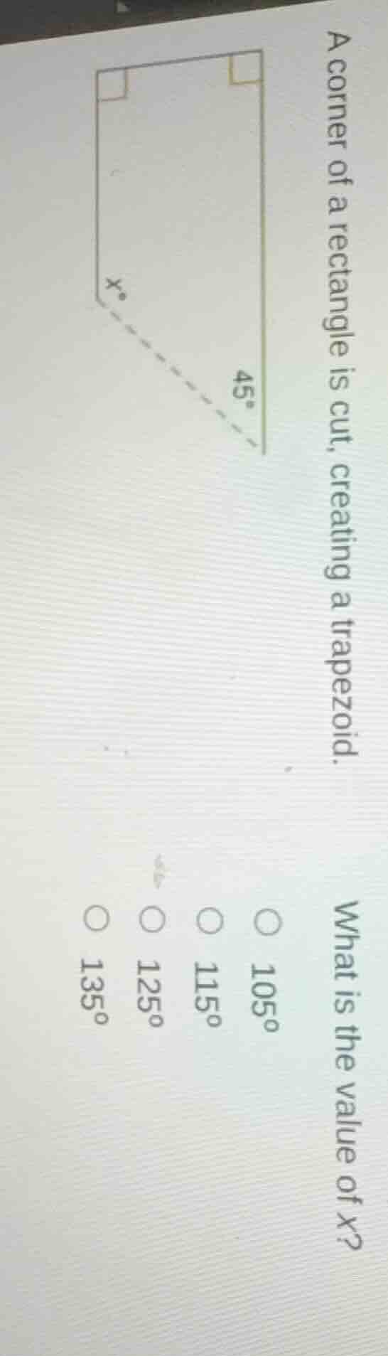 a corner of a rectangle is cut, creating a trapezoid. what is the value…