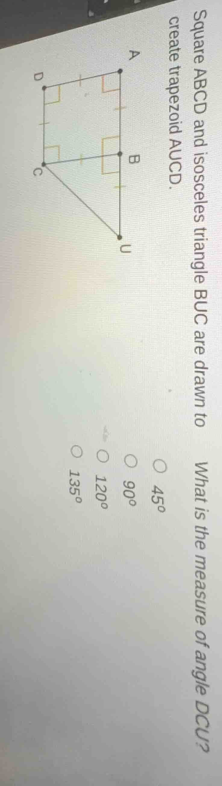 square abcd and isosceles triangle buc are drawn to create trapezoid au…