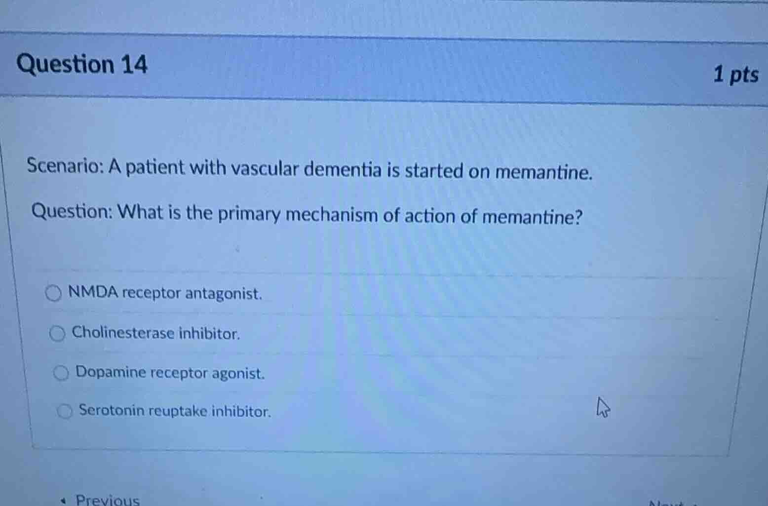 question 14 1 pts scenario: a patient with vascular dementia is started…