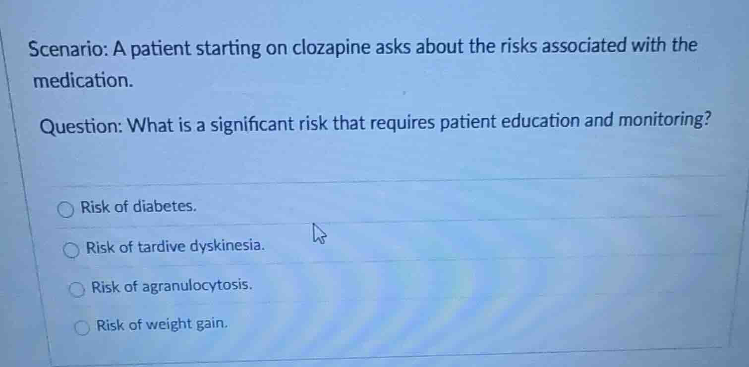 scenario: a patient starting on clozapine asks about the risks associat…