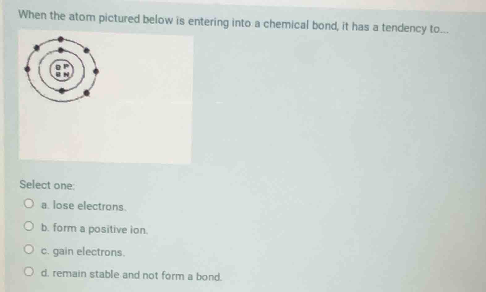 when the atom pictured below is entering into a chemical bond, it has a…