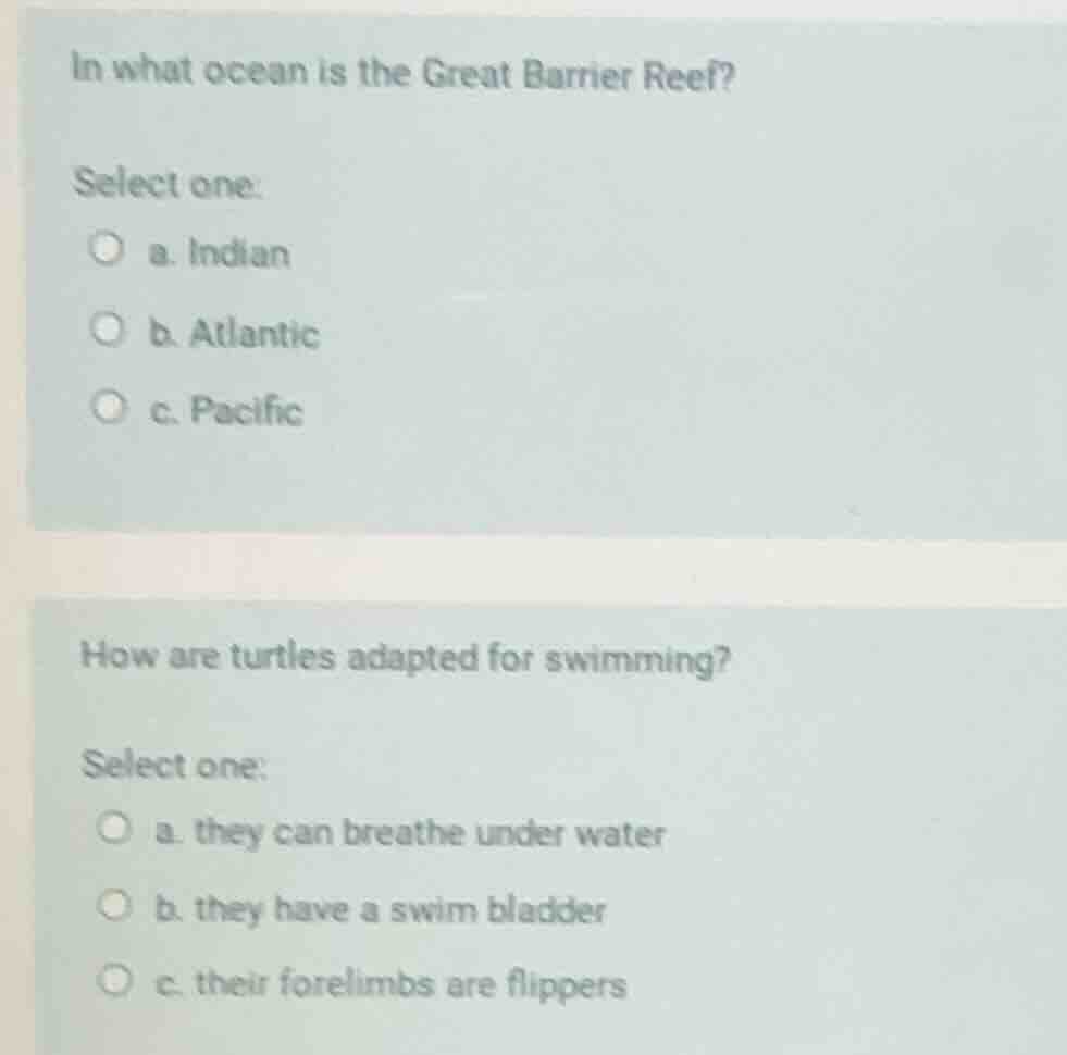 in what ocean is the great barrier reef? select one: a. indian b. atlan…