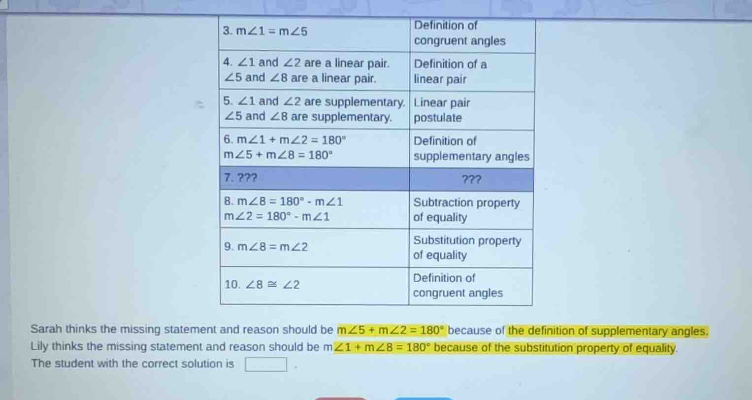 3. $mangle1 = mangle5$ definition of congruent angles 4. $angle1$ and $…