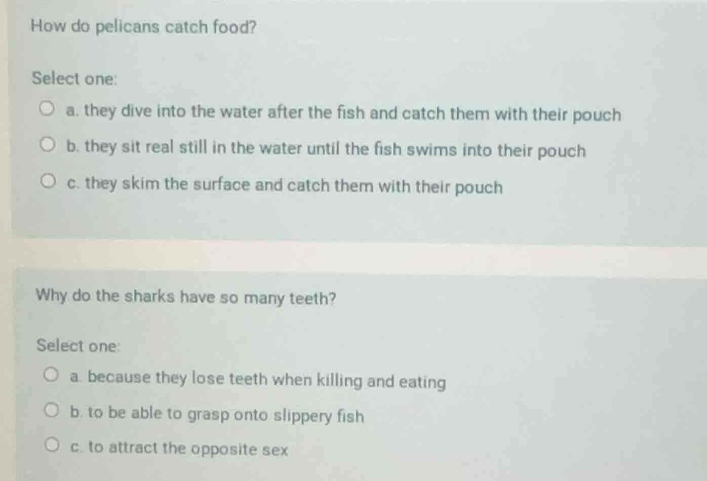 how do pelicans catch food? select one: a. they dive into the water aft…