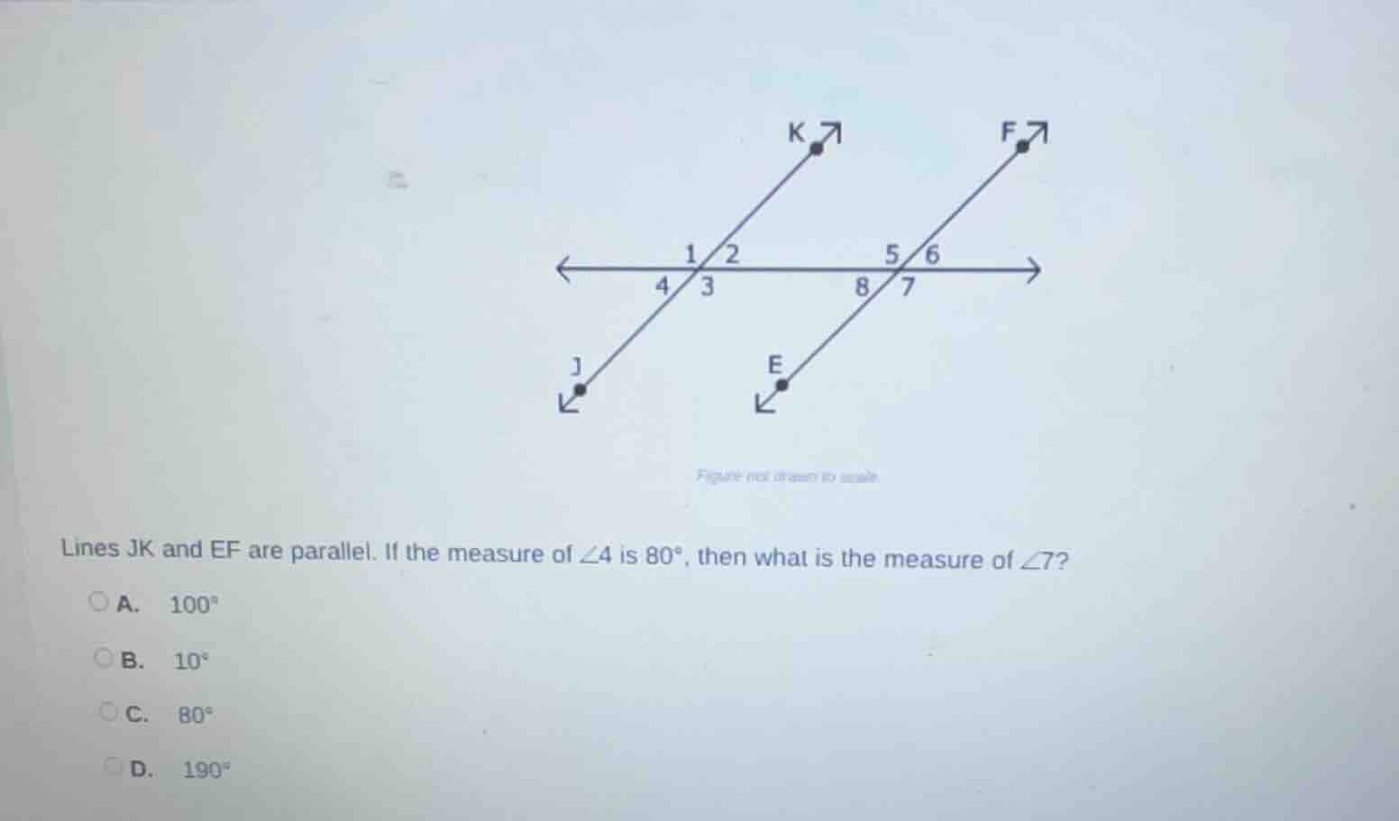 lines jk and ef are parallel. if the measure of $\\angle 4$ is $80^\\ci…