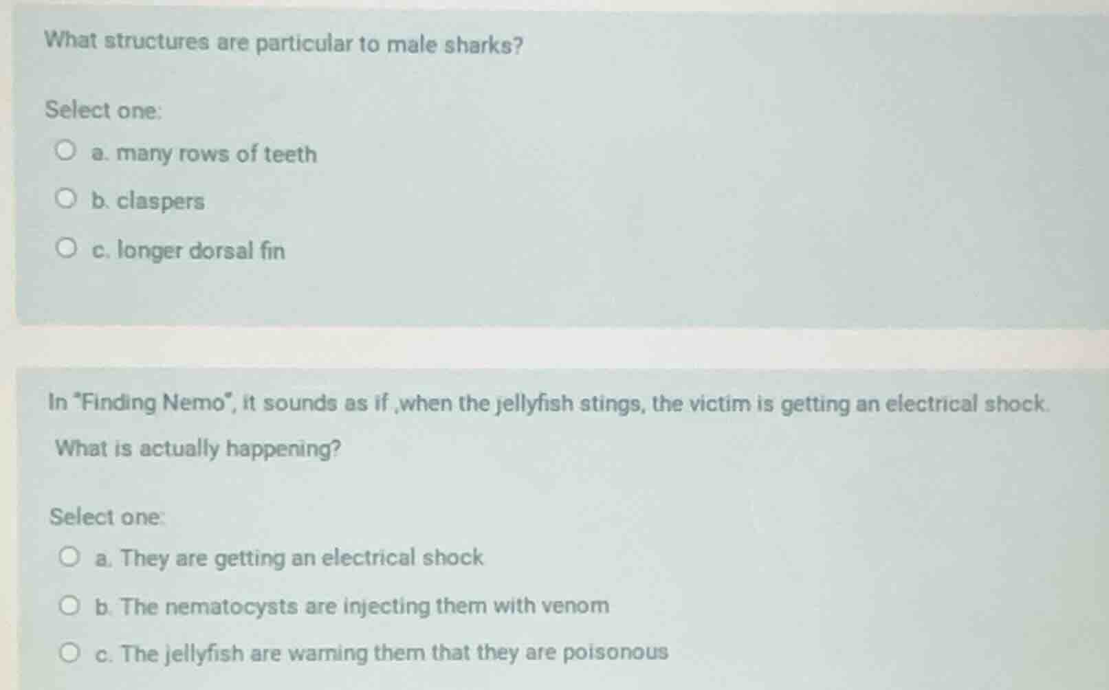 what structures are particular to male sharks? select one: a. many rows…