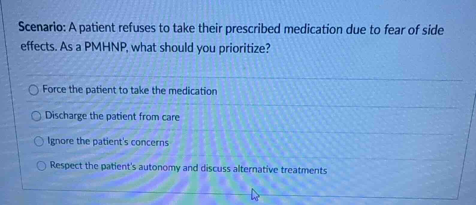 scenario: a patient refuses to take their prescribed medication due to …