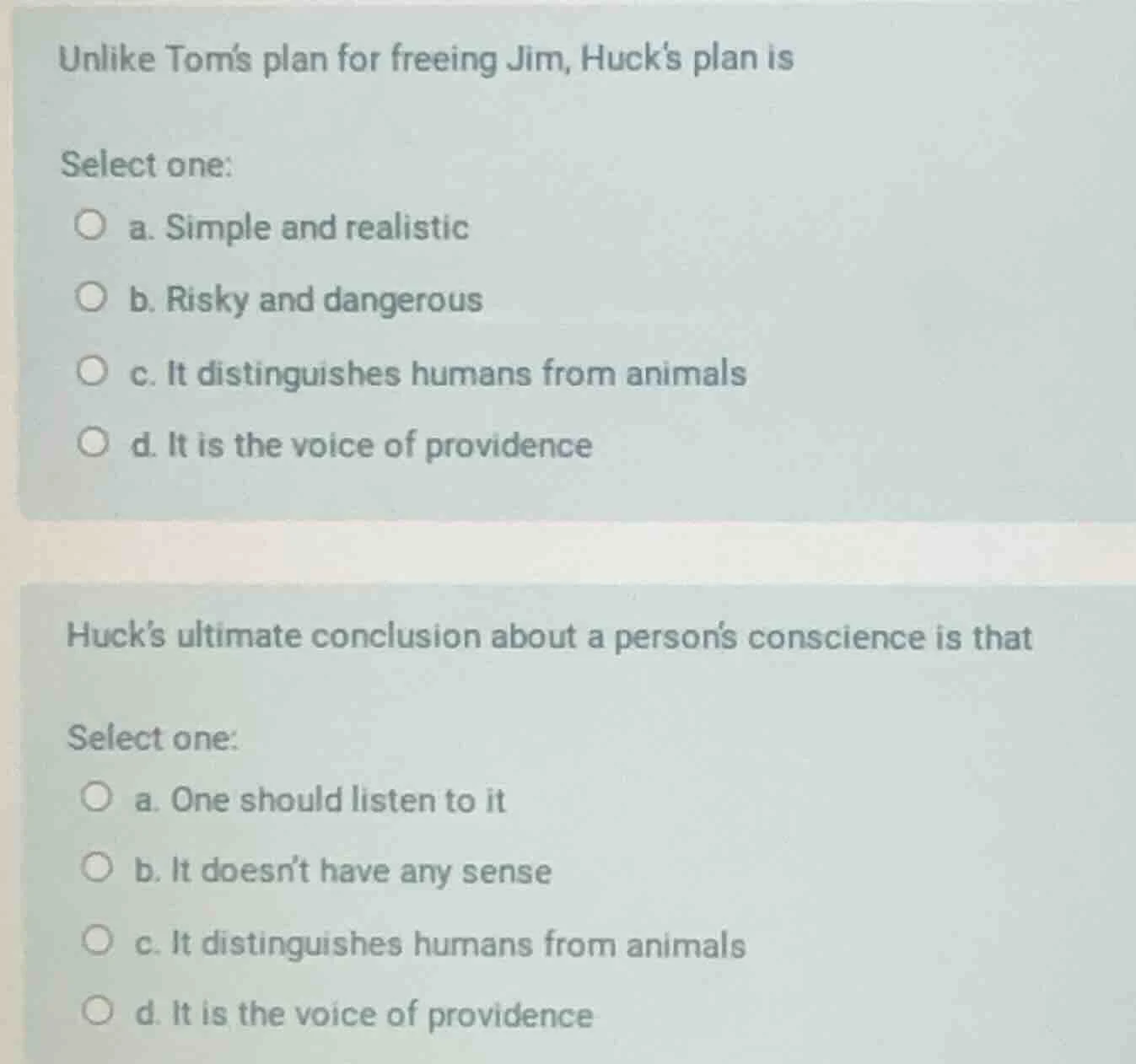 unlike tom’s plan for freeing jim, huck’s plan is select one: a. simple…