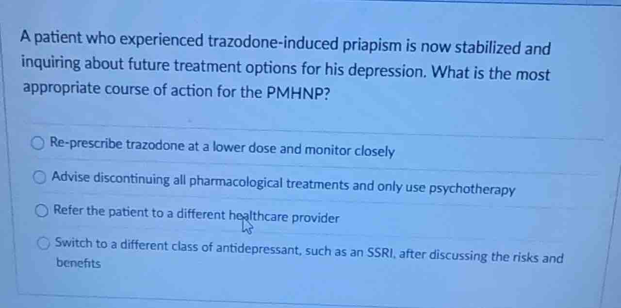 a patient who experienced trazodone - induced priapism is now stabilize…