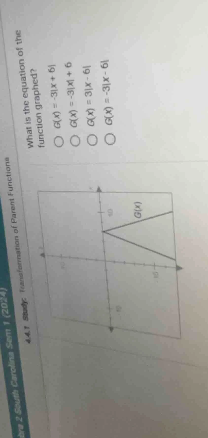 what is the equation of the function graphed? \\( g(x) = -3|x + 6| \\) …