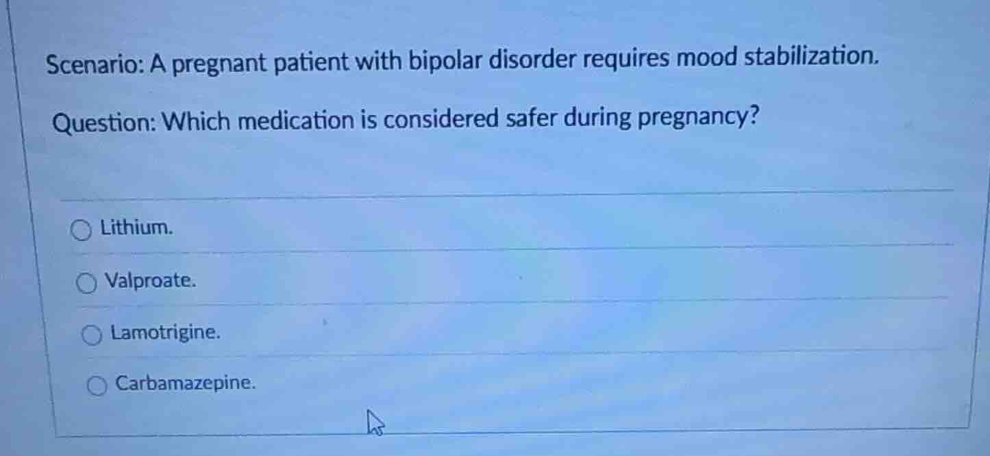 scenario: a pregnant patient with bipolar disorder requires mood stabil…