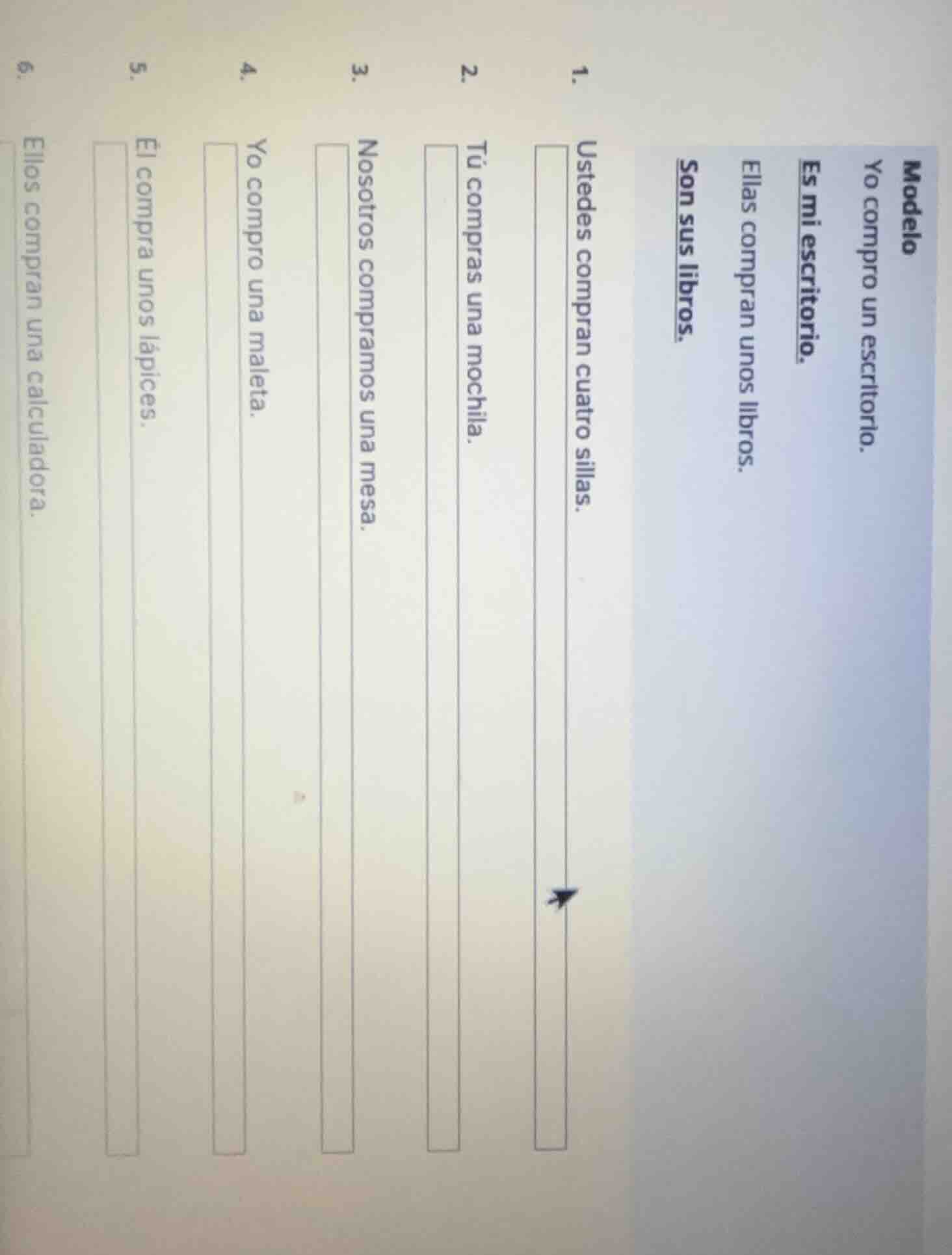 modelo yo compro un escritorio. es mi escritorio. ellas compran unos li…