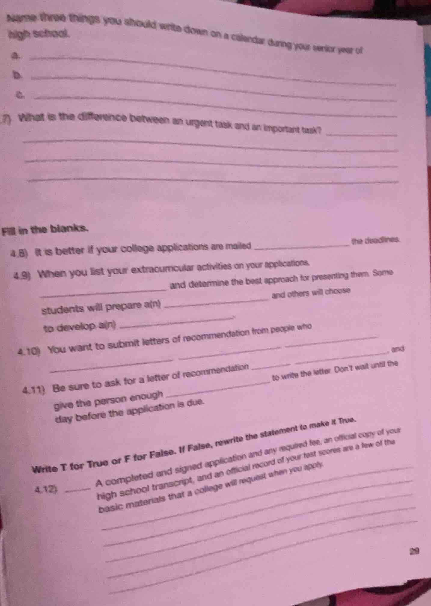 name three things you should write down on a calendar during your senio…