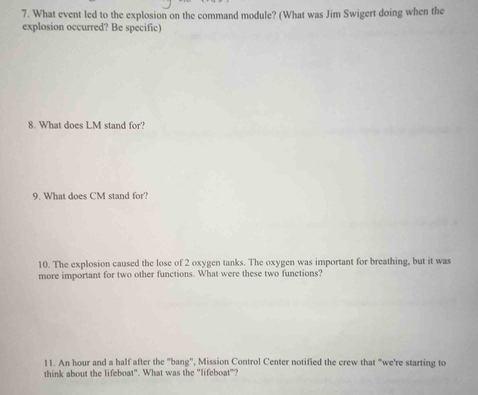 7. what event led to the explosion on the command module? (what was jim…