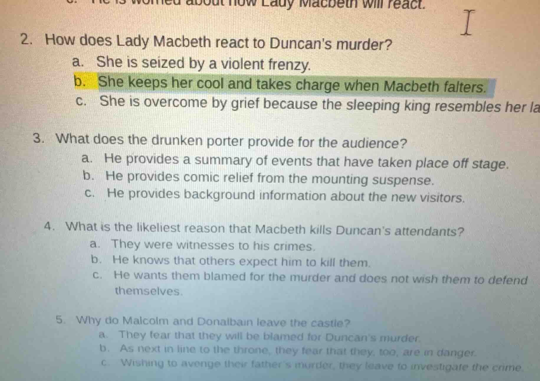 2. how does lady macbeth react to duncans murder? a. she is seized by a…