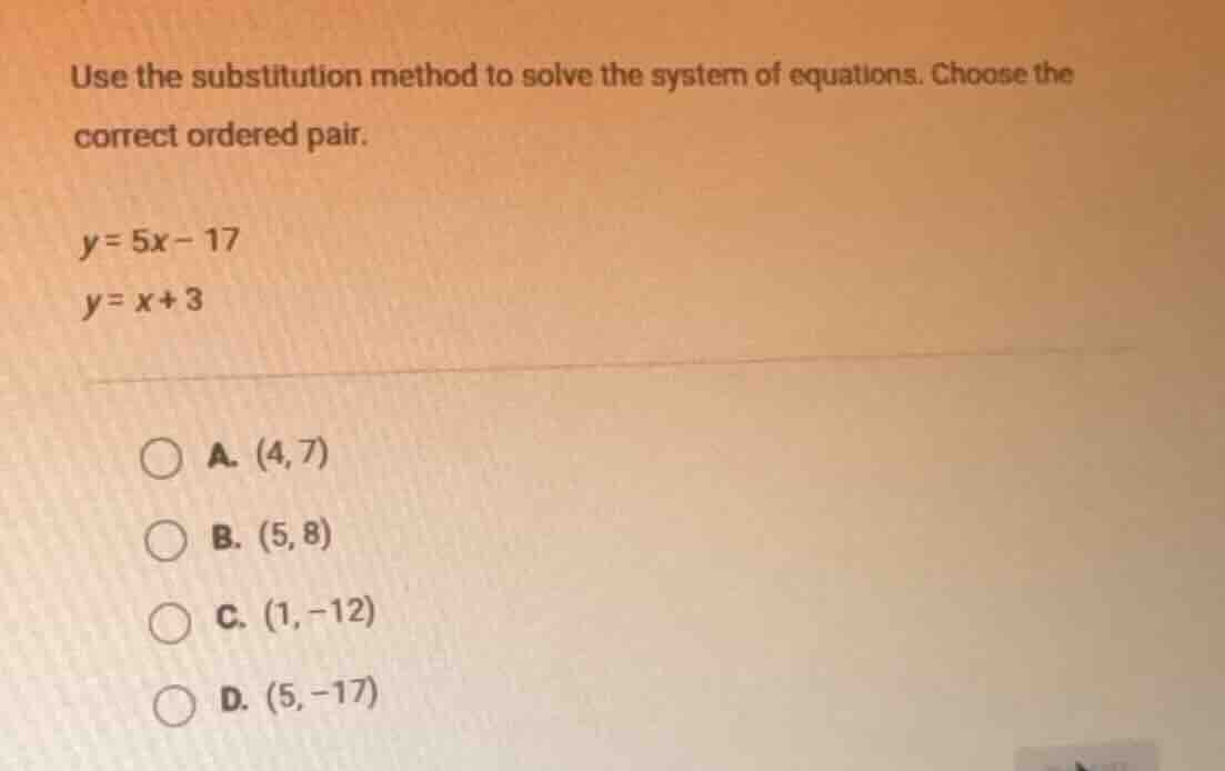 use the substitution method to solve the system of equations. choose th…