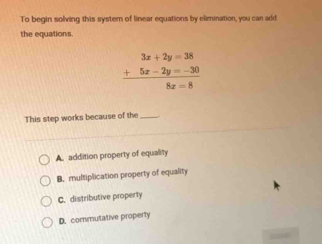 to begin solving this system of linear equations by elimination, you ca…