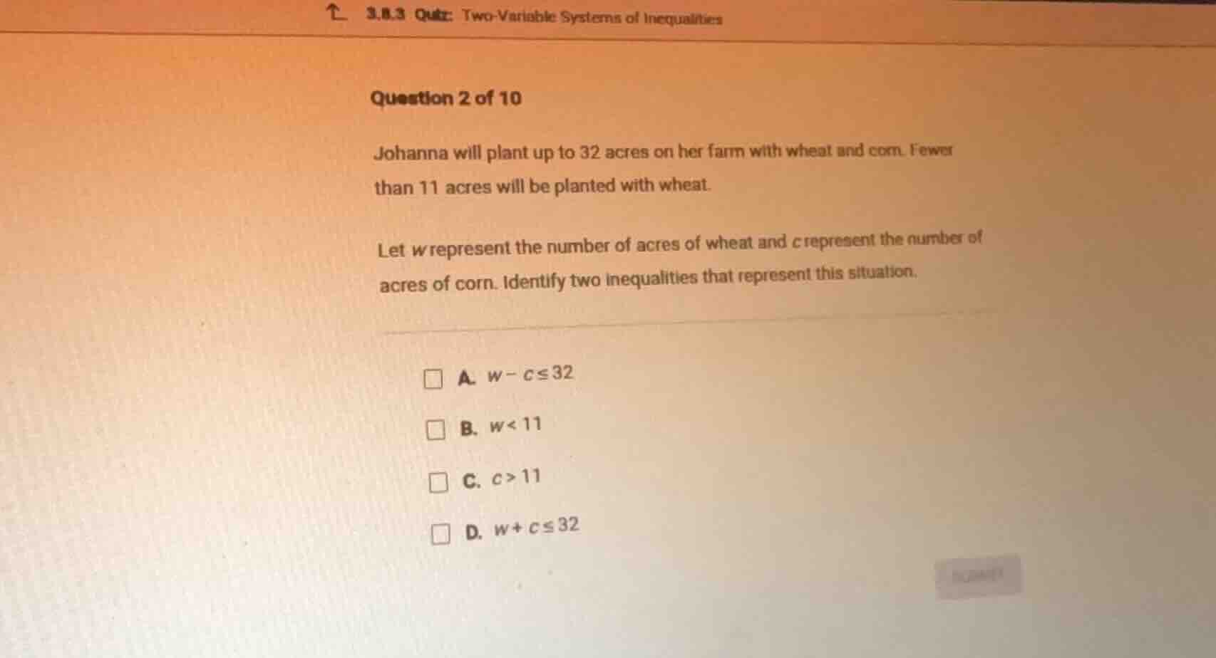 3.8.3 quiz: two - variable systems of inequalities question 2 of 10 joh…