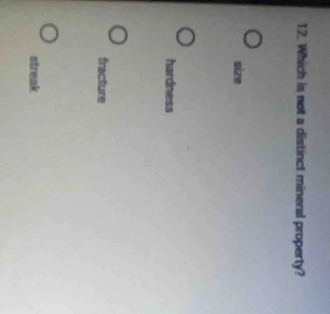 12. which is not a distinct mineral property? size hardness fracture st…
