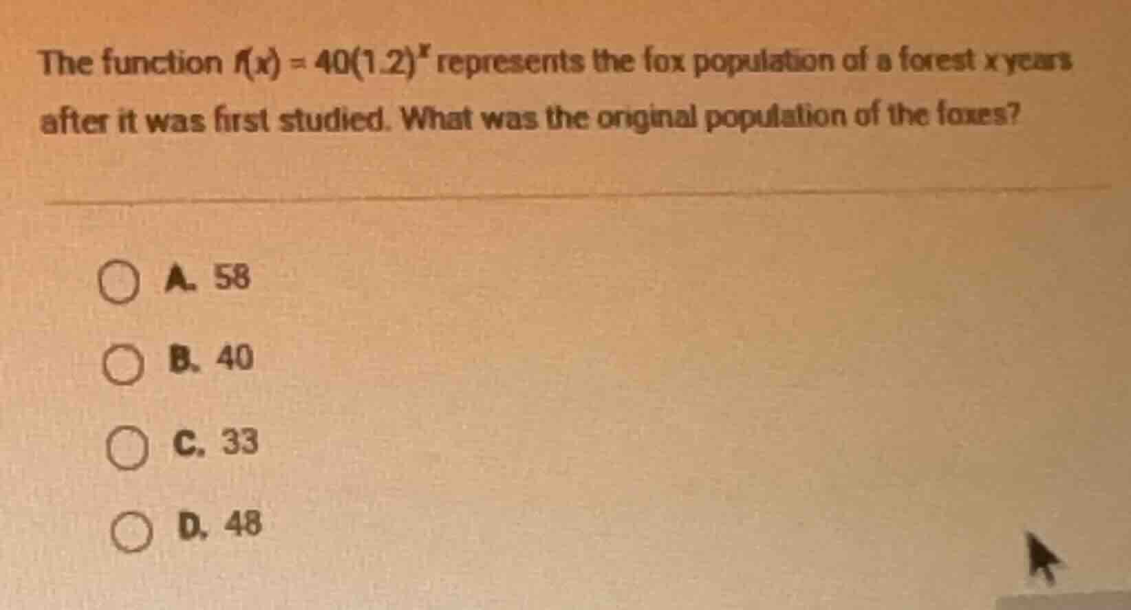 the function $f(x) = 40(1.2)^x$ represents the fox population of a fore…